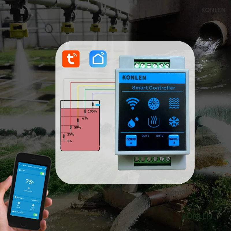 KONLEN Tuya Water Level Sensor WIFI Smart Home Leakage Flood Alarm Controller Meter Pool Vape Tank Flow Detector Leak Protection