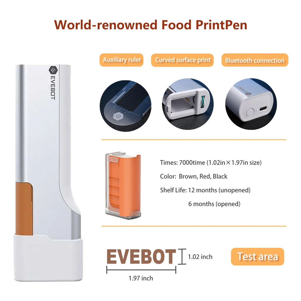 EVEBOT Handheld Food PrintPen Portable Mini Coffee Latte Art Printer, Macaron Cookie DIY Design PrintPen Bluetooth 4.2