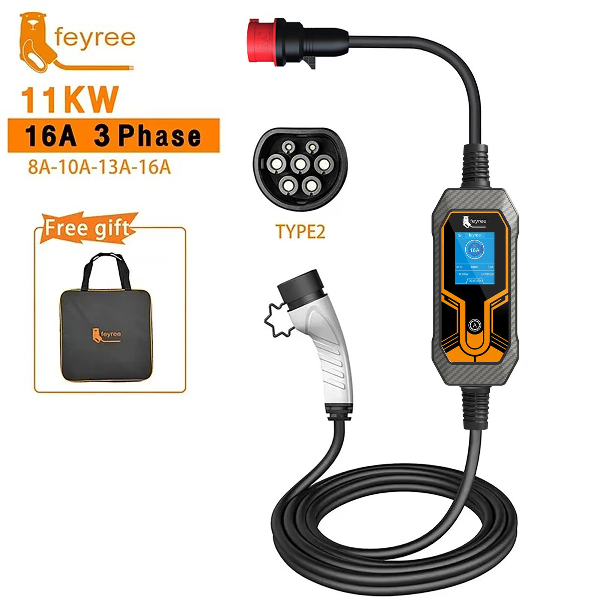 Feyree 32A 7KW Type2 EV Portable Charger 3.5KW 16A 1Phase EVSE Charging Box 11KW 16A 3Phase Car Charger for Electric Vehicle