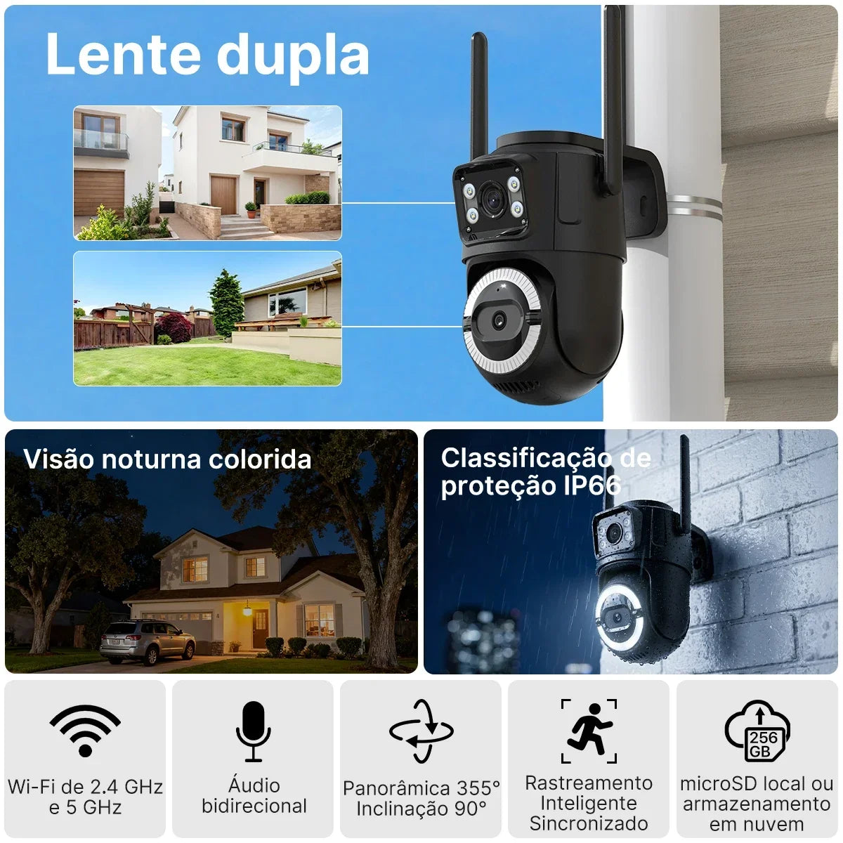 ICSee Wi‑Fi IP security camera with dual lens for outdoor use, PTZ, automatic tracking, and dual‑band connectivity