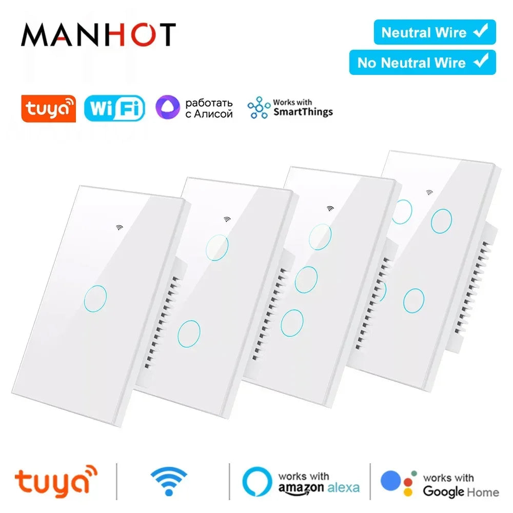 Tuya Wifi Smart Touch Light Switch US APP Wireless Remote LED Light Switches No Neutral Wire Required Work Alexa Google Home