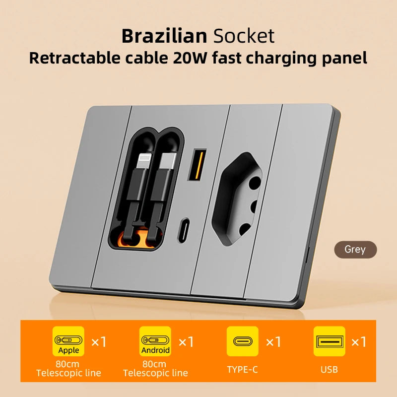 118 Type Brazil Socket Panel with Retractable Cable 20W USB Fast Charging Multi-hole Type-C Wall Socket for Market