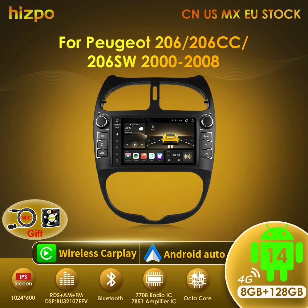 Hizpo 7862 2din  Android 14 Car Radio For PEUGEOT 206 206CC 206SW 2000-2008 Auto Multimedia Player GPS Autoradio Carplay Navi