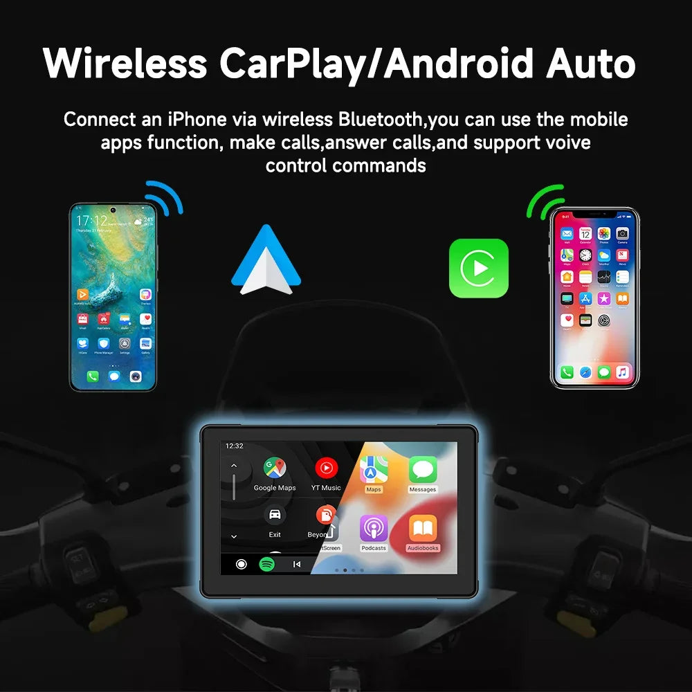 7 Inch Motorcycle Multimedia Player IP67 Waterproof GPS Navigation Recorder Wireless CarPlay Android Auto Touch Screen Bluetooth