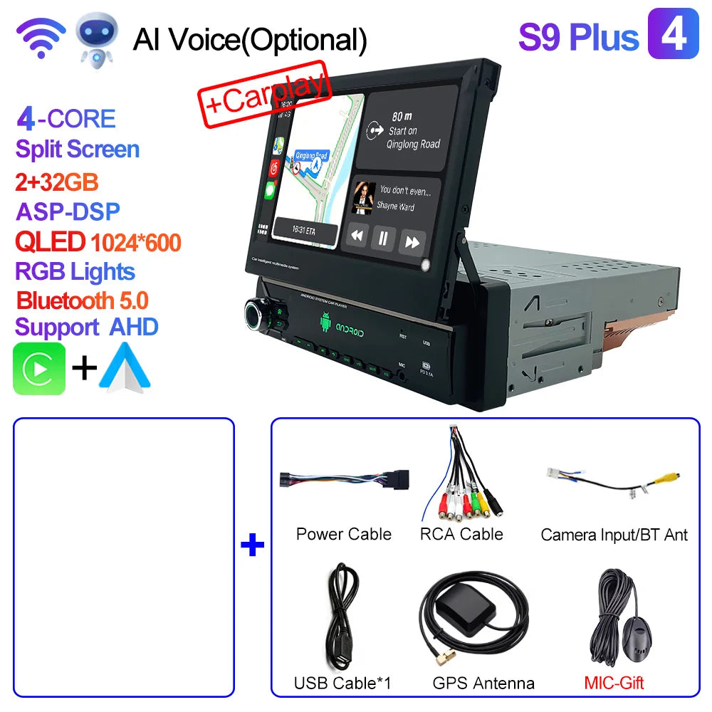 CAIXI Android 13 Auto 1Din Multimedia Player 7'' Universa Retractable Screen Car Radio MP5 GPS Navigation Carplay 1 DIN Stereo