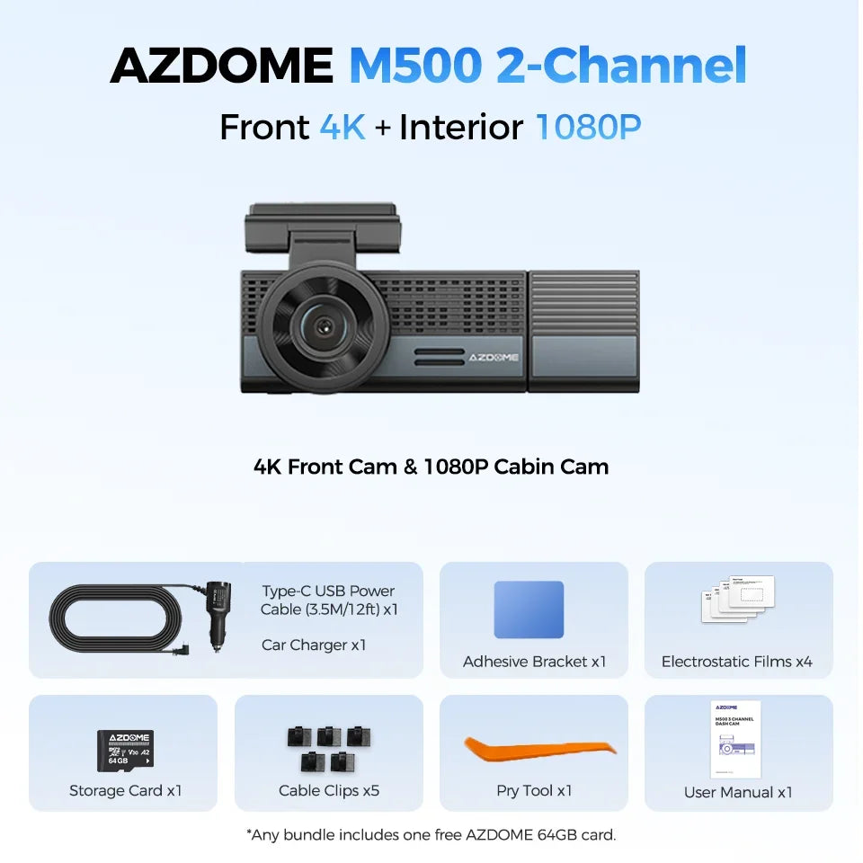 AZDOME M500 4K Dash Cam 3 Channel Car DVR Front Rear Inside 4K+1K+1K Night Vision G-Sensor 24H Parking Monitor Voice Contro