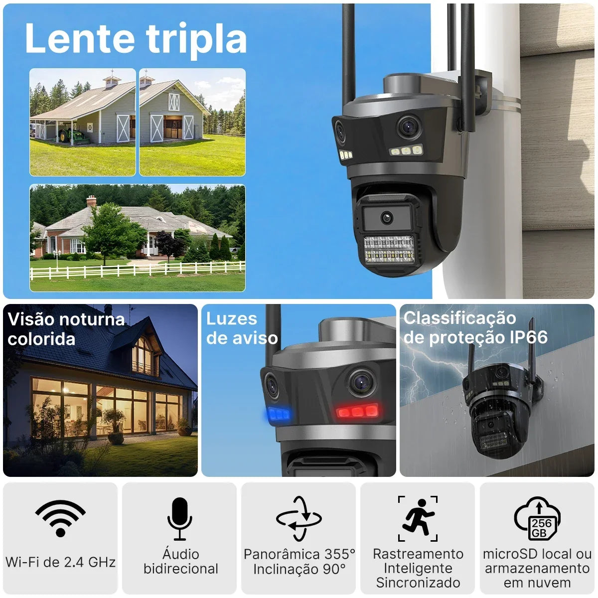 P20 Three Lens Three Screen Ip Camera Icsee Outdoor Wifi Auto Tracking Security Ptz Camera