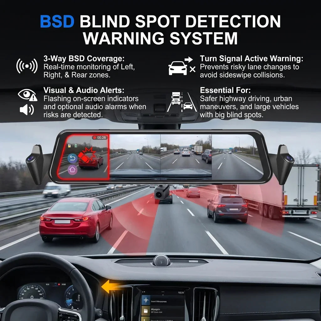 4K Super HD Dash Cam BSD ADAS Car Rearview Mirror Blind Spot Detection Loop Recording 1080P Rear Camera  Video Recorde 12 Inch