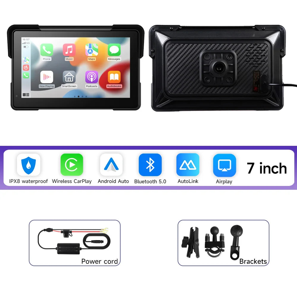 7 Inch Motorcycle Multimedia Player IP67 Waterproof GPS Navigation Recorder Wireless CarPlay Android Auto Touch Screen Bluetooth