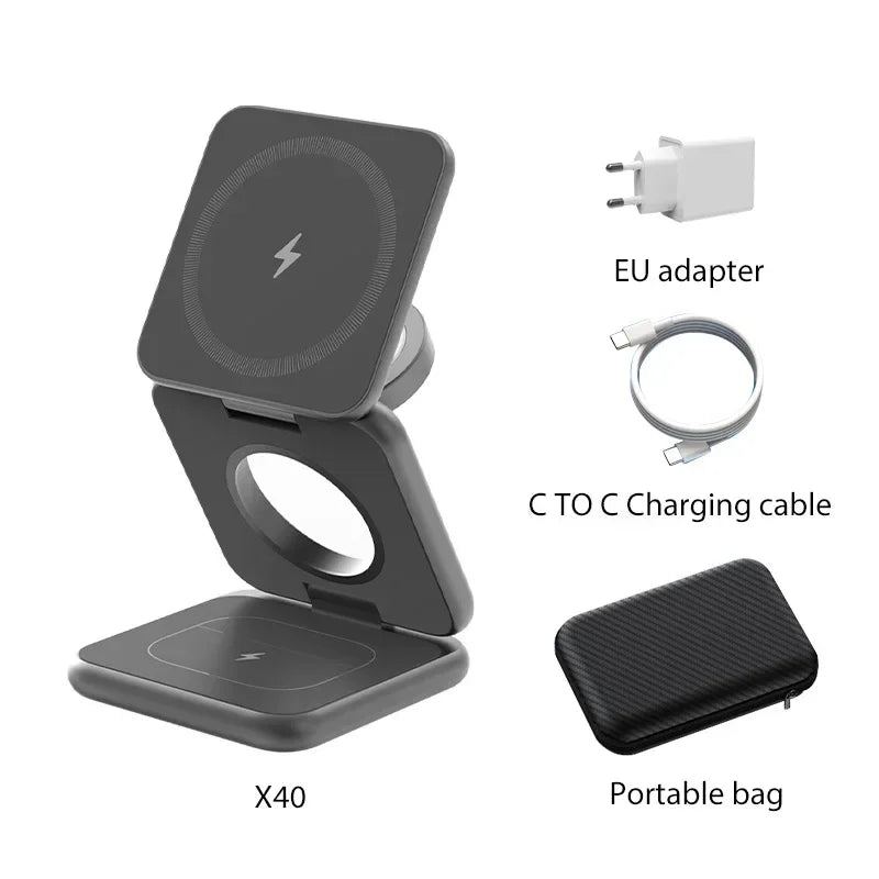 KUXIU X40 3 In 1 Foldable Magnetic Wireless Charger Stand For iPhone 17 16 15 14 13Pro/Max/Plus, AirPods 4/3/2 , iWatch Series