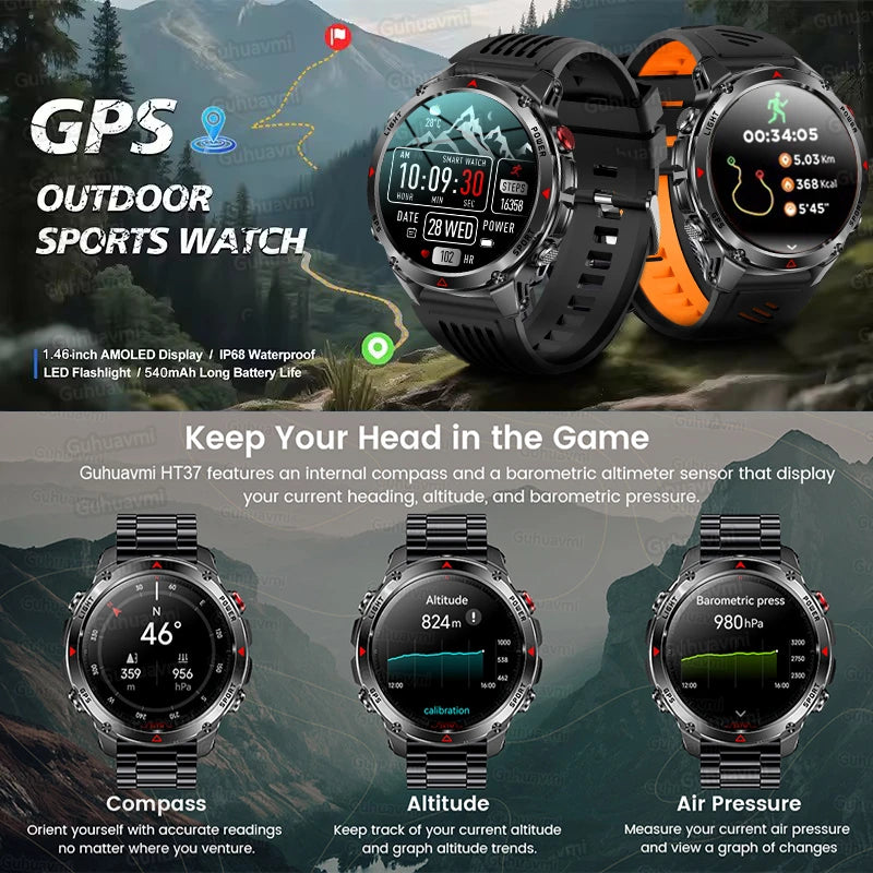2025New Outdoor Military Smart Watch Men 1.46" AMOLED Built-in GPS Compass Altimeter 3ATM Waterproof Clock BT Call SmartWatches