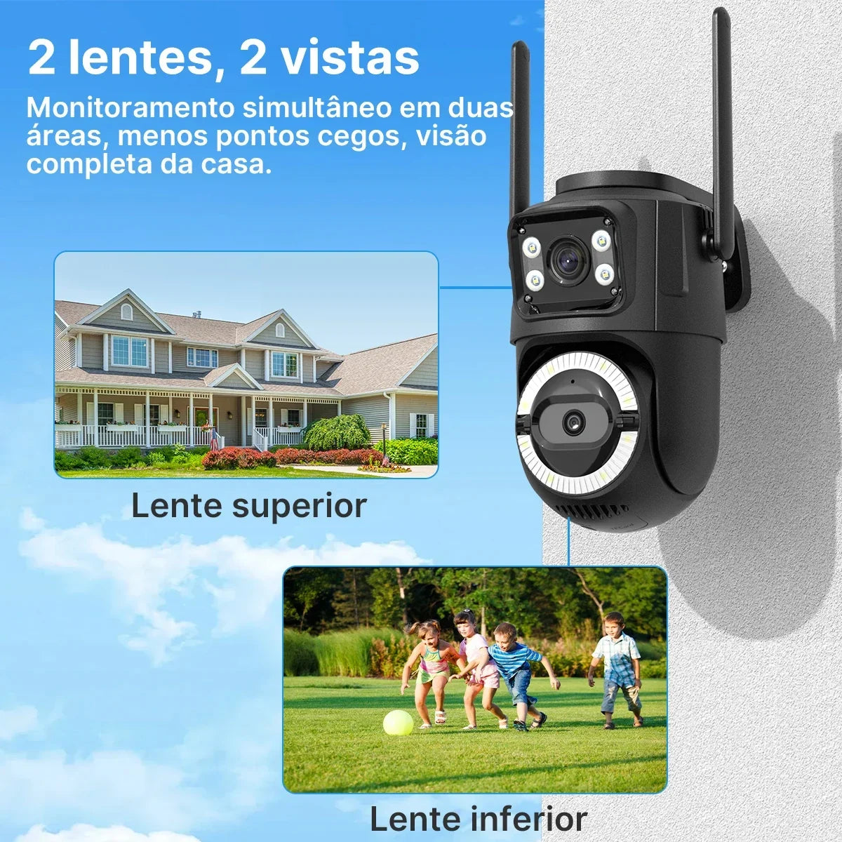 ICSee Wi‑Fi IP security camera with dual lens for outdoor use, PTZ, automatic tracking, and dual‑band connectivity