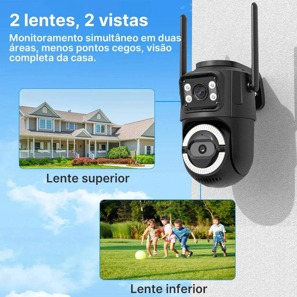 ICSee Wi‑Fi IP security camera with dual lens for outdoor use, PTZ, automatic tracking, and dual‑band connectivity