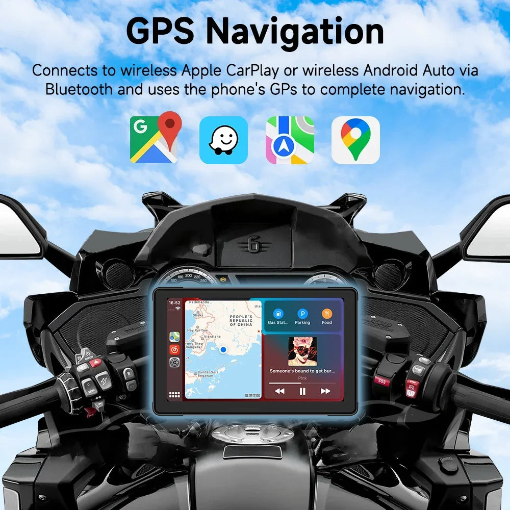 7 Inch Motorcycle Multimedia Player IP67 Waterproof GPS Navigation Recorder Wireless CarPlay Android Auto Touch Screen Bluetooth