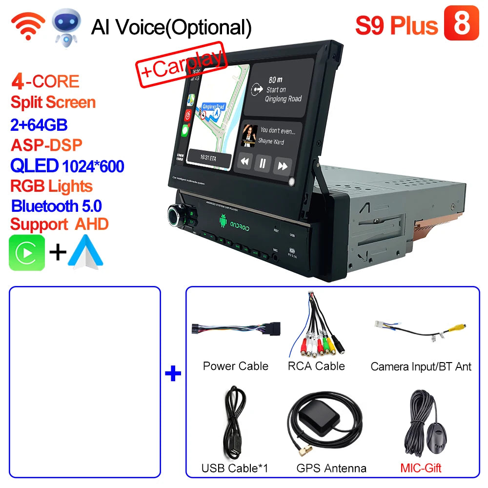 CAIXI Android 13 Auto 1Din Multimedia Player 7'' Universa Retractable Screen Car Radio MP5 GPS Navigation Carplay 1 DIN Stereo