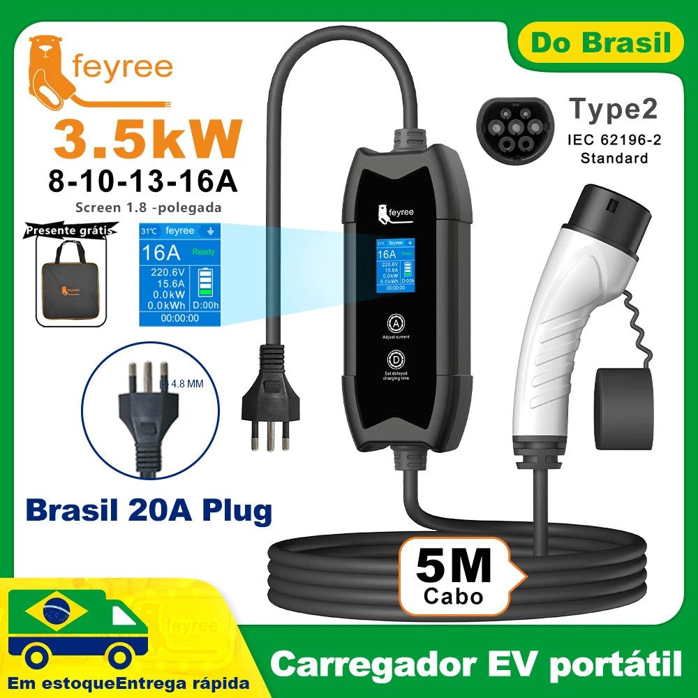Feyree Type2 EV Charger 3.5kW 16A 1Phase 5M Cable EVSE Portable Charging Box CarCharger Brazil Plug 10A/20A for Electric Vehicle