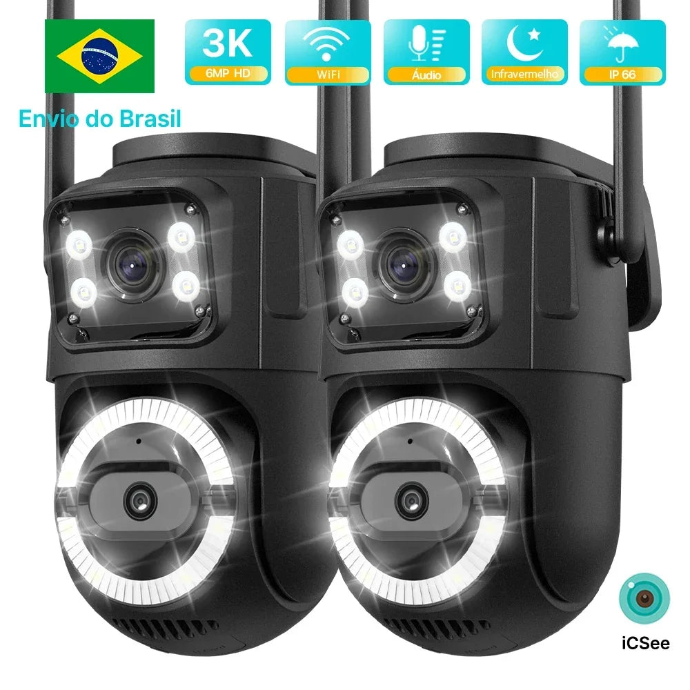 ICSee Wi‑Fi IP security camera with dual lens for outdoor use, PTZ, automatic tracking, and dual‑band connectivity