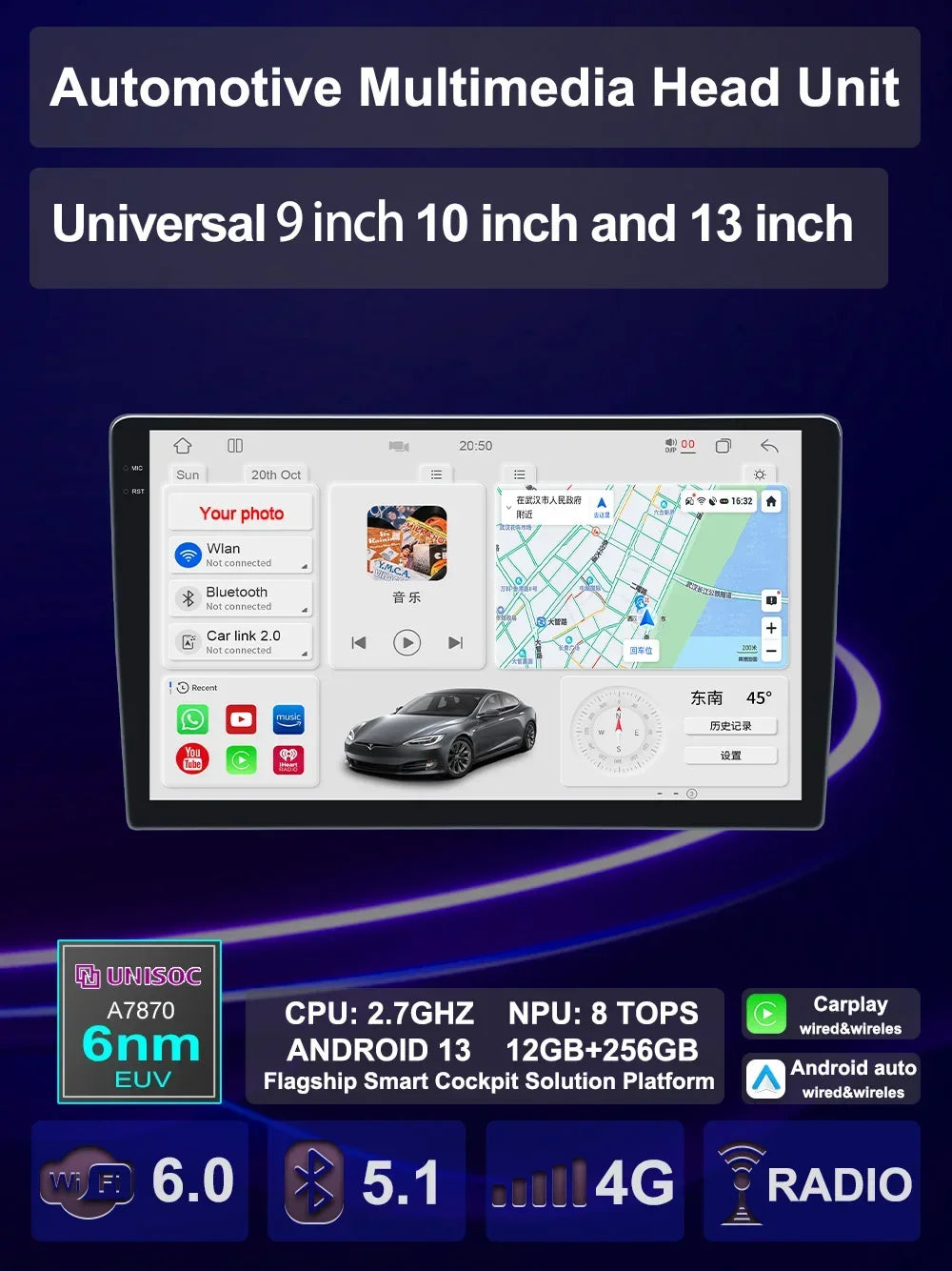 UIS 7870 Universal Car Multimedia Player Android 13 AI Voice GPS Navigation Carplay Auto Stereo Radio Head Unit MP5 Player