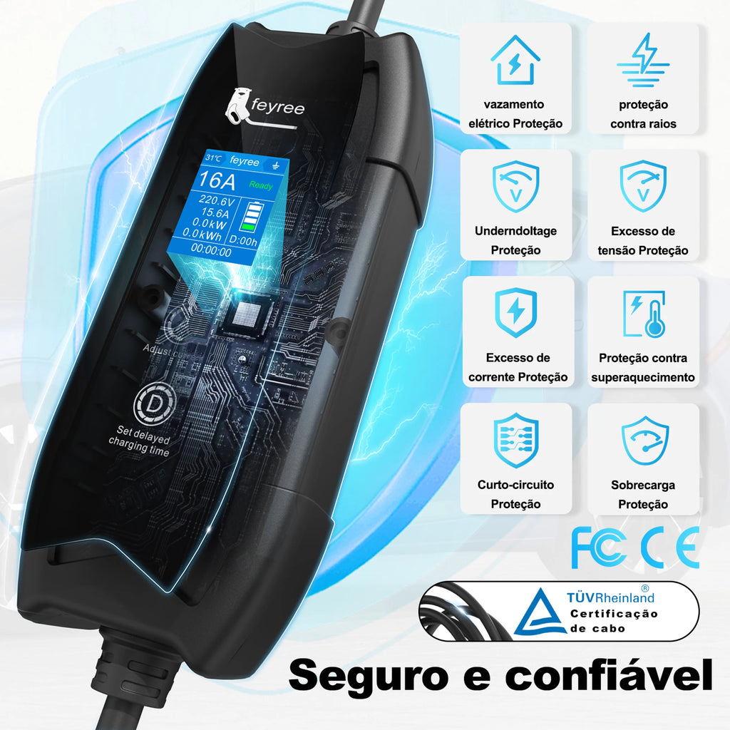 Feyree Type2 EV Charger 3.5kW 16A 1Phase 5M Cable EVSE Portable Charging Box CarCharger Brazil Plug 10A/20A for Electric Vehicle