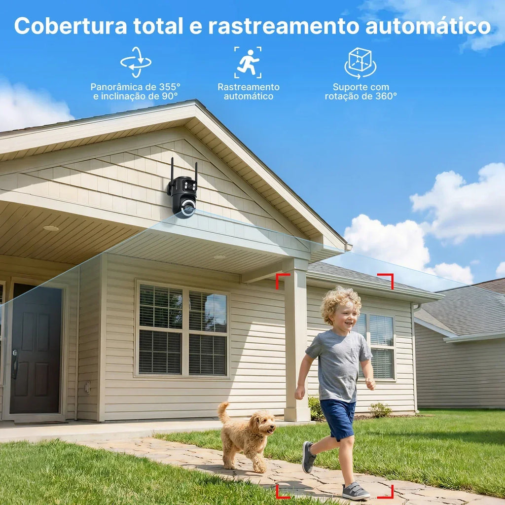 ICSee Wi‑Fi IP security camera with dual lens for outdoor use, PTZ, automatic tracking, and dual‑band connectivity