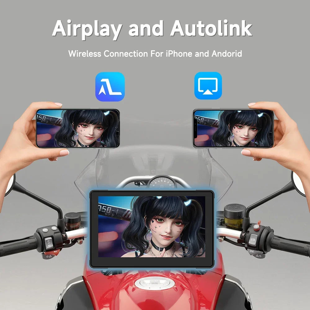 7 Inch Motorcycle Multimedia Player IP67 Waterproof GPS Navigation Recorder Wireless CarPlay Android Auto Touch Screen Bluetooth