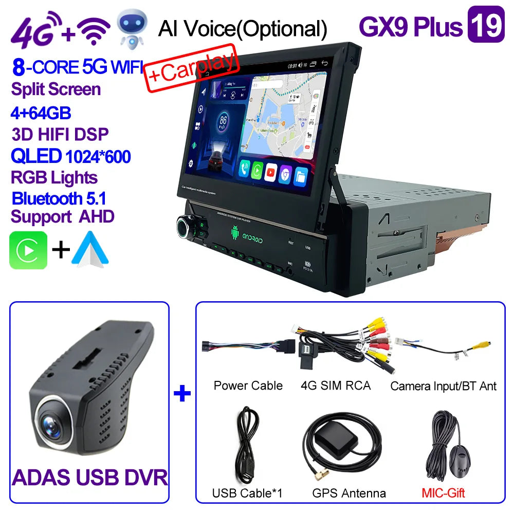 CAIXI Android 13 Auto 1Din Multimedia Player 7'' Universa Retractable Screen Car Radio MP5 GPS Navigation Carplay 1 DIN Stereo