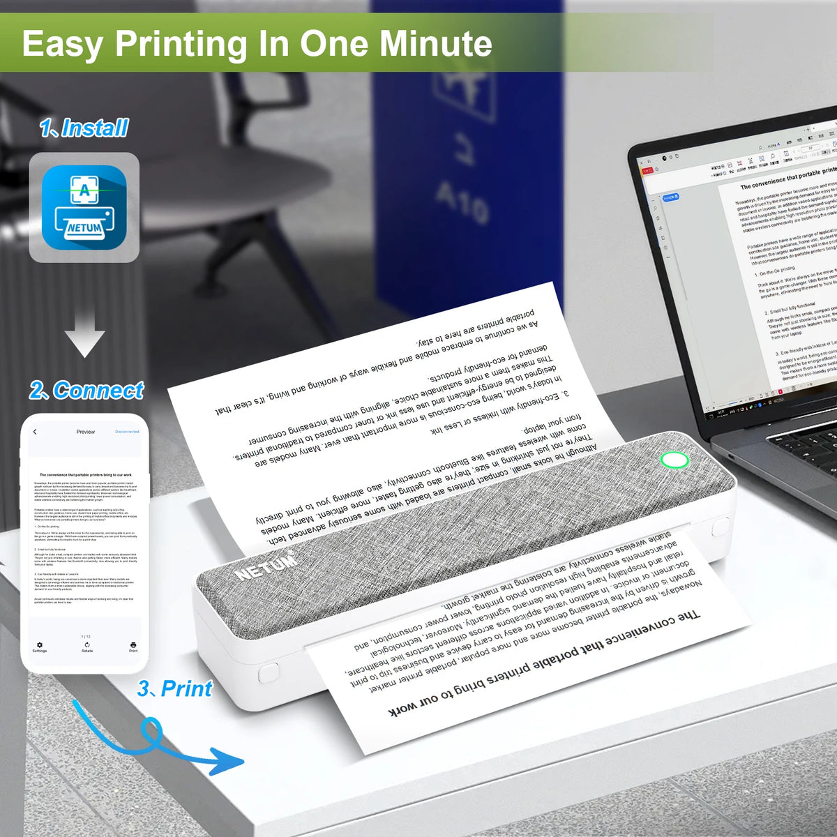 A4 Bluetooth Business Travel  Print Anywhere Inkless 203DPI Portable Rechargeable Thermal Printer LT-P10