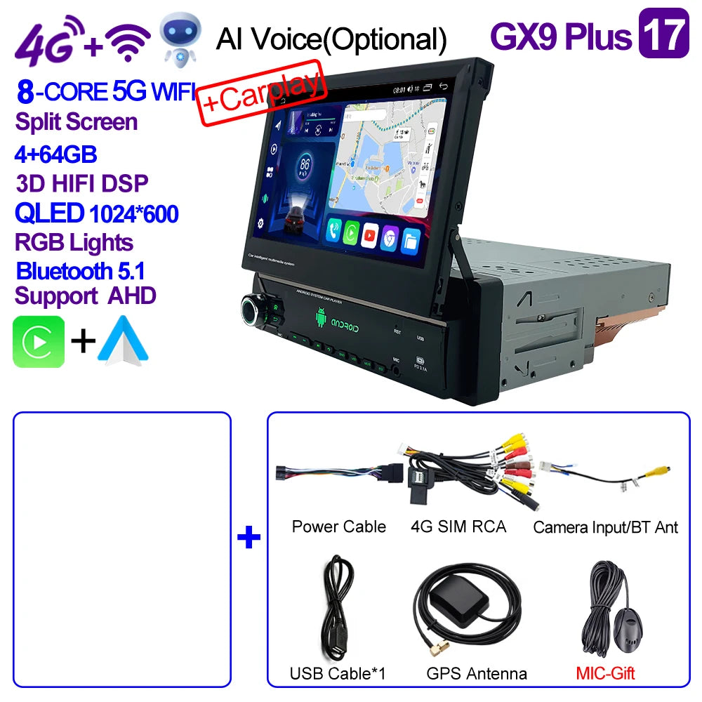 CAIXI Android 13 Auto 1Din Multimedia Player 7'' Universa Retractable Screen Car Radio MP5 GPS Navigation Carplay 1 DIN Stereo