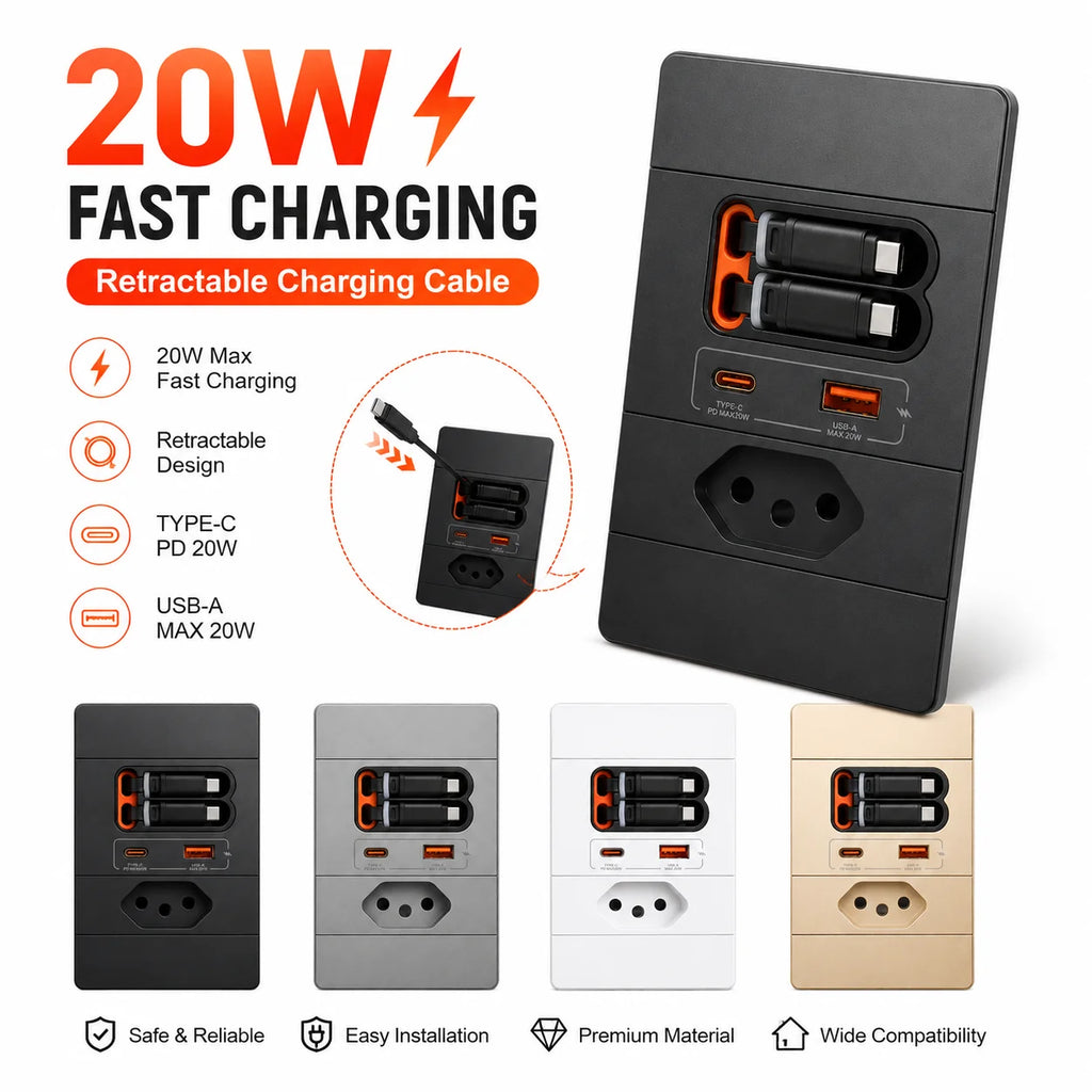 ELEGAN 20W Fast Charging Wall Charger with Dual Retractable USB-C Cables,Type-C PD & USB-A,Brazil socket with retractable cable