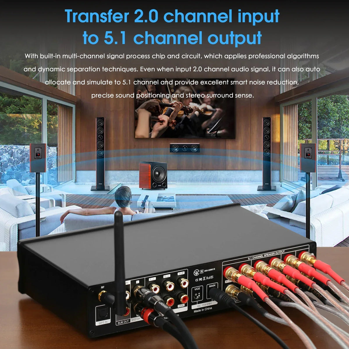 Douk Audio HiFi M5.1 Digital Amplifier 5.1Channel Bluetooth 5.0 Receiver with Subwoofer out USB Player COAX/OPT Power Amp