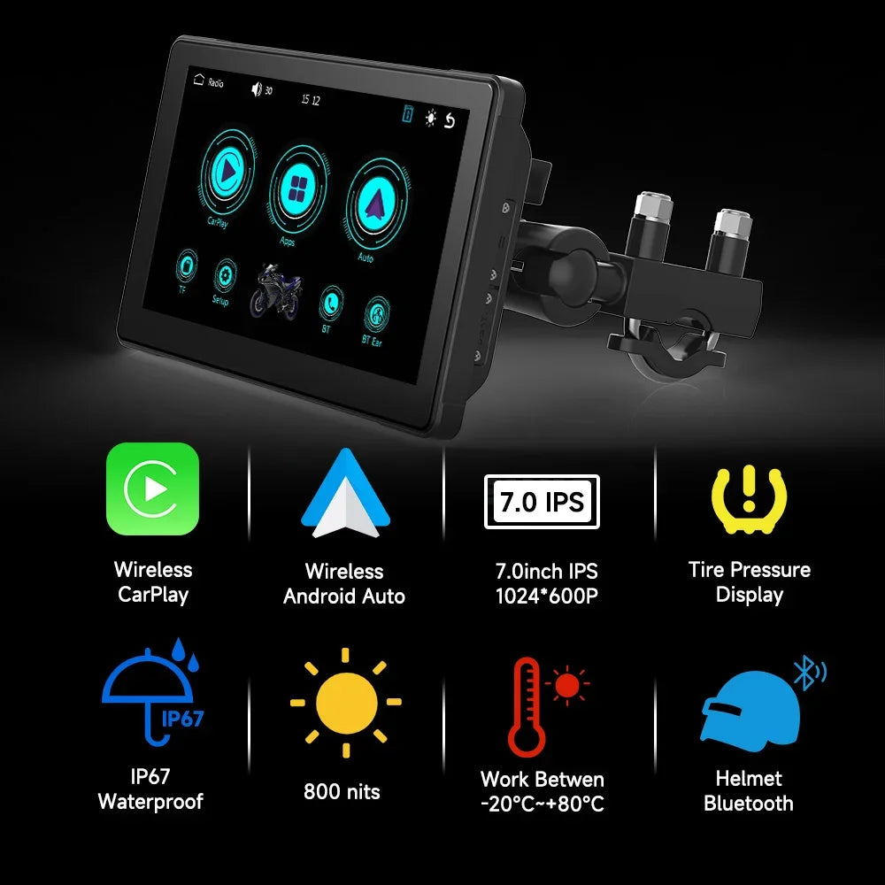 7 Inch Motorcycle Multimedia Player IP67 Waterproof GPS Navigation Recorder Wireless CarPlay Android Auto Touch Screen Bluetooth