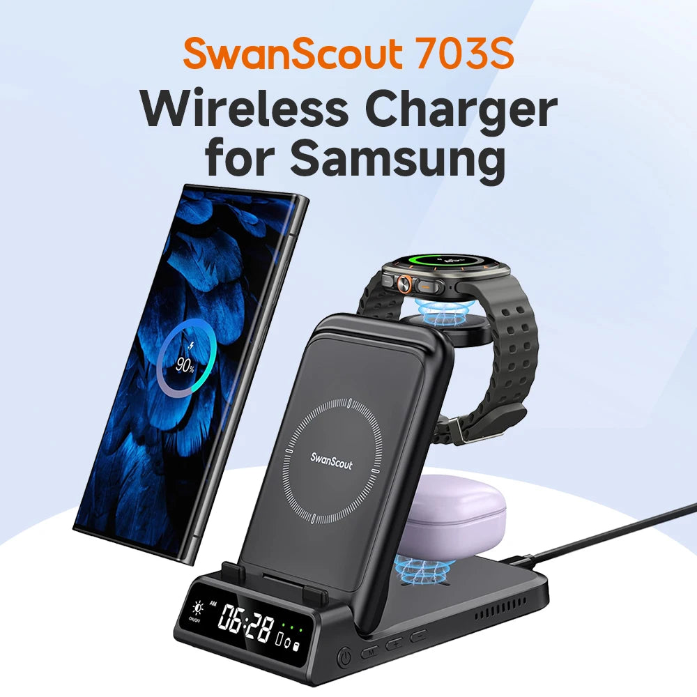 SwanScout 703S Wireless Charger for Samsung S25 Ultra S24 Z Fold 7 Z Flip 7 Charging Station for Galaxy Watch 8 7 for Buds 3 pro