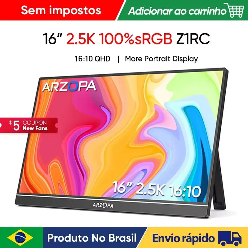 ARZOPA 16inch 2K Portable Monitor 16:10 IPS Screen with Type-C Mini HDMI Second Display for MAC/Laptop/PC/Xbox/PS4/5/Switch,Z1RC