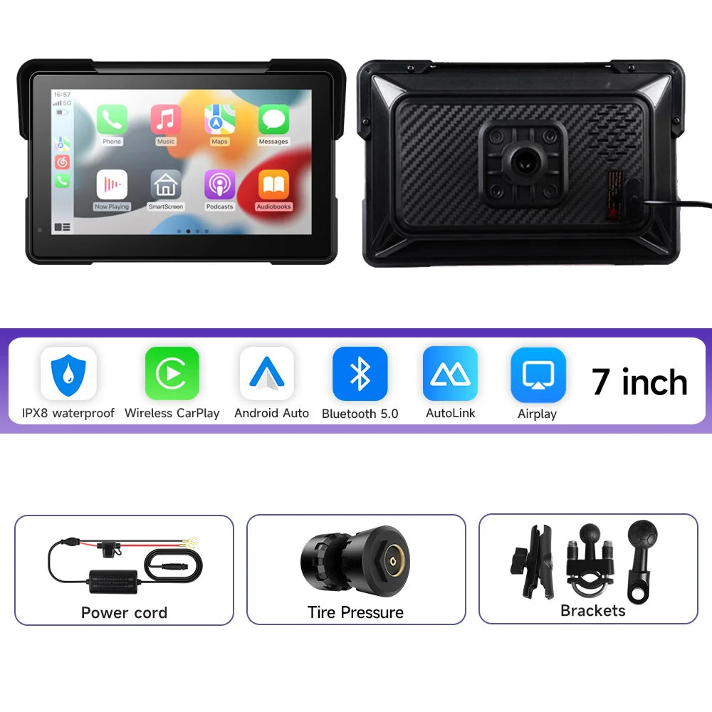 7 Inch Motorcycle Multimedia Player IP67 Waterproof GPS Navigation Recorder Wireless CarPlay Android Auto Touch Screen Bluetooth