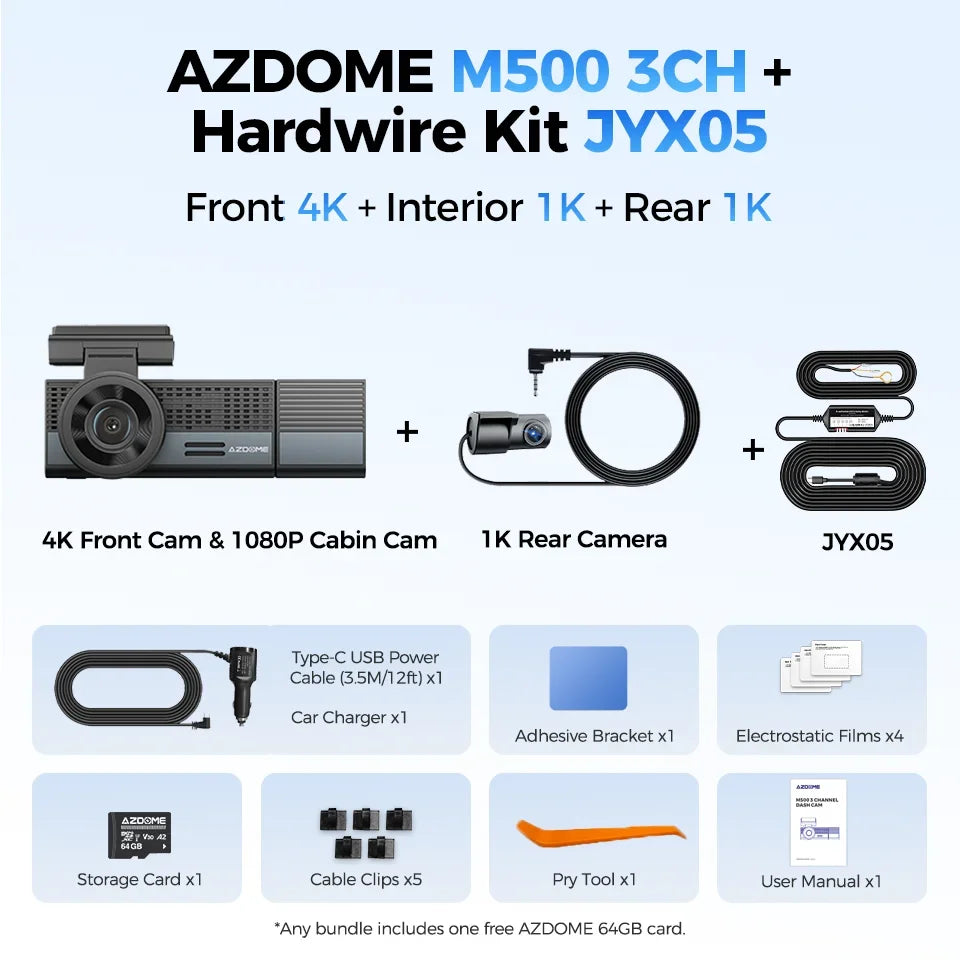 AZDOME M500 4K Dash Cam 3 Channel Car DVR Front Rear Inside 4K+1K+1K Night Vision G-Sensor 24H Parking Monitor Voice Contro