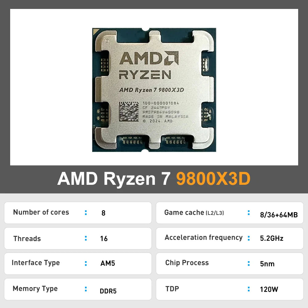 AMD Ryzen 7 9800X3D New Gaming CPU 8-Core 16-Thread 5.2GHz L3=96M 4NM TDP 120W R7 9800x3d Socket AM5 100-100001084 But Not Fan