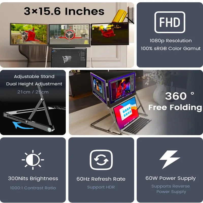 15.6 Inch Three Screen Display Portable Monitor 100%sRGB 360° Foldable External Display For Laptop/Windows/MacOS/Stock Trading