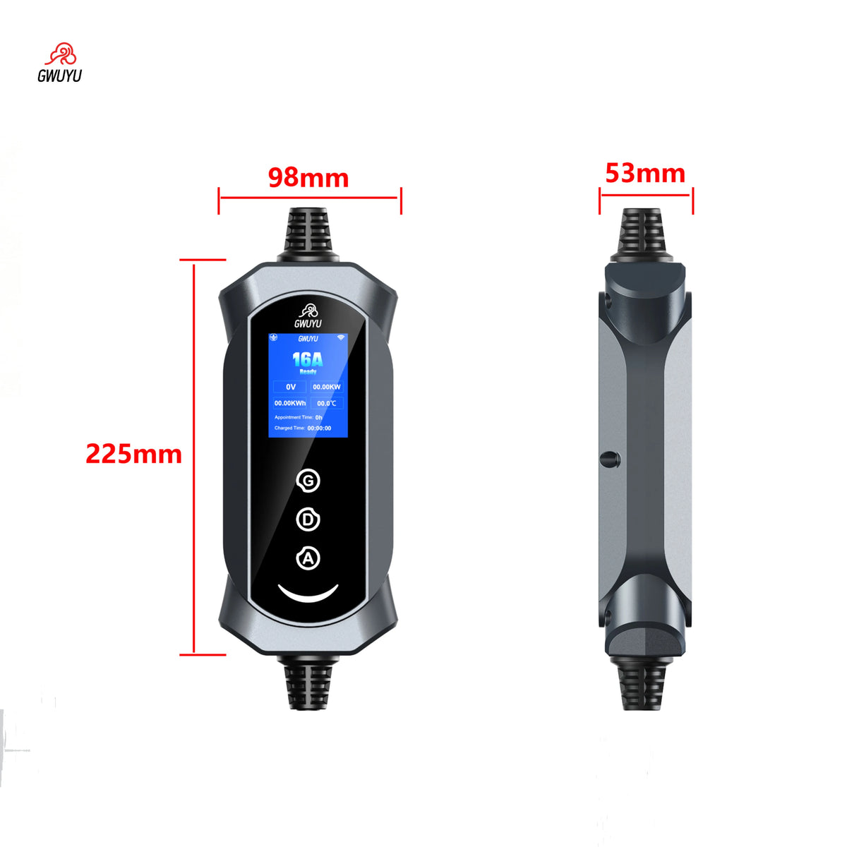 GWUYU Portable EV Charger Type2 7kW 32A Adjustable Current Delay Charging 2.8 Inch LCD Screen EVSE for Electric Car
