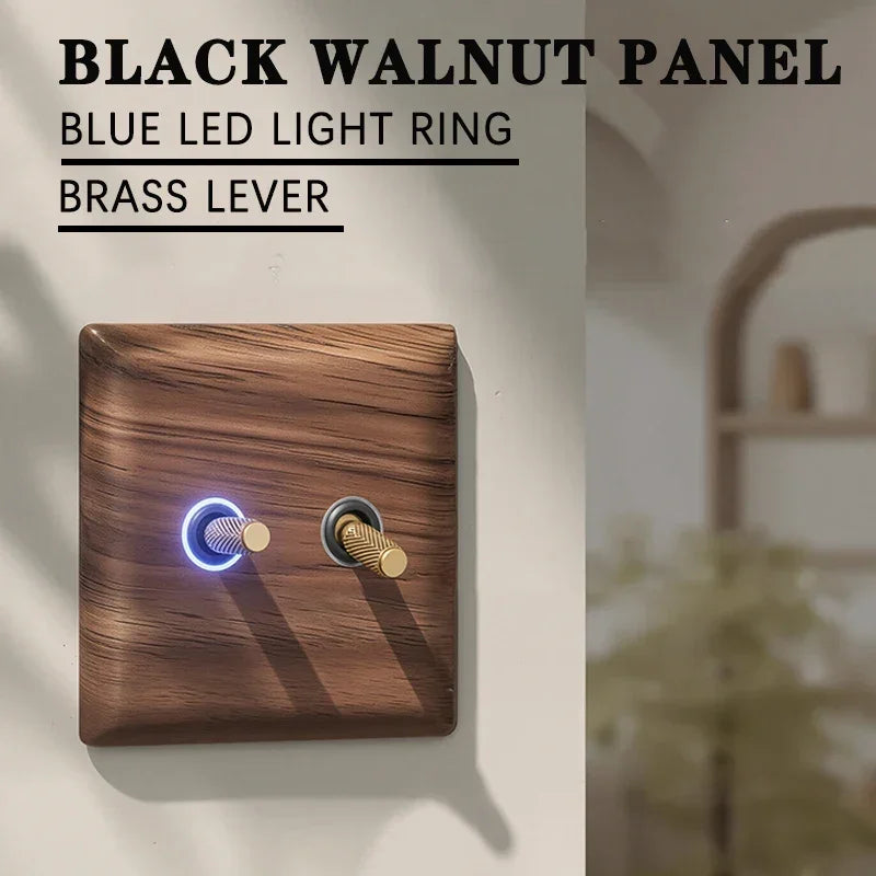 Solid Wood 1-4 Gang Dual Control Light Switch UK/EU Standard Vintage Brass Outlet 86x86mm with Blue LED Indicator 110-250V