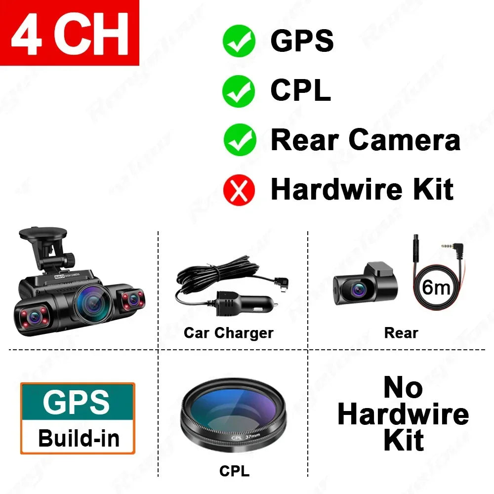 4 Channel 1080P+1080P+1080P+1080P WiFi GPS Car DVR Dual Lens 8 Infrared Light Night Vision 3 Lens 170 Degree Dash Cam Car Camera