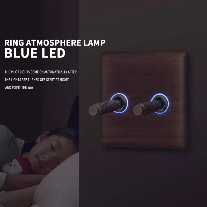 Solid Wood 1-4 Gang Dual Control Light Switch UK/EU Standard Vintage Brass Outlet 86x86mm with Blue LED Indicator 110-250V