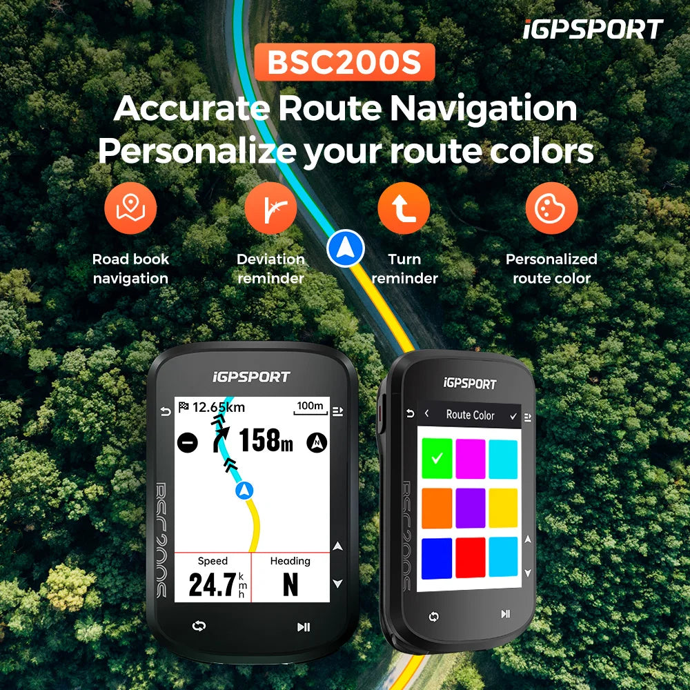 iGPSPORT BSC200S GPS Route Navigation Bike Computer Colorful Screen Wireless Bicycle Speedometer Cycling Odometer Bluetooth Ant