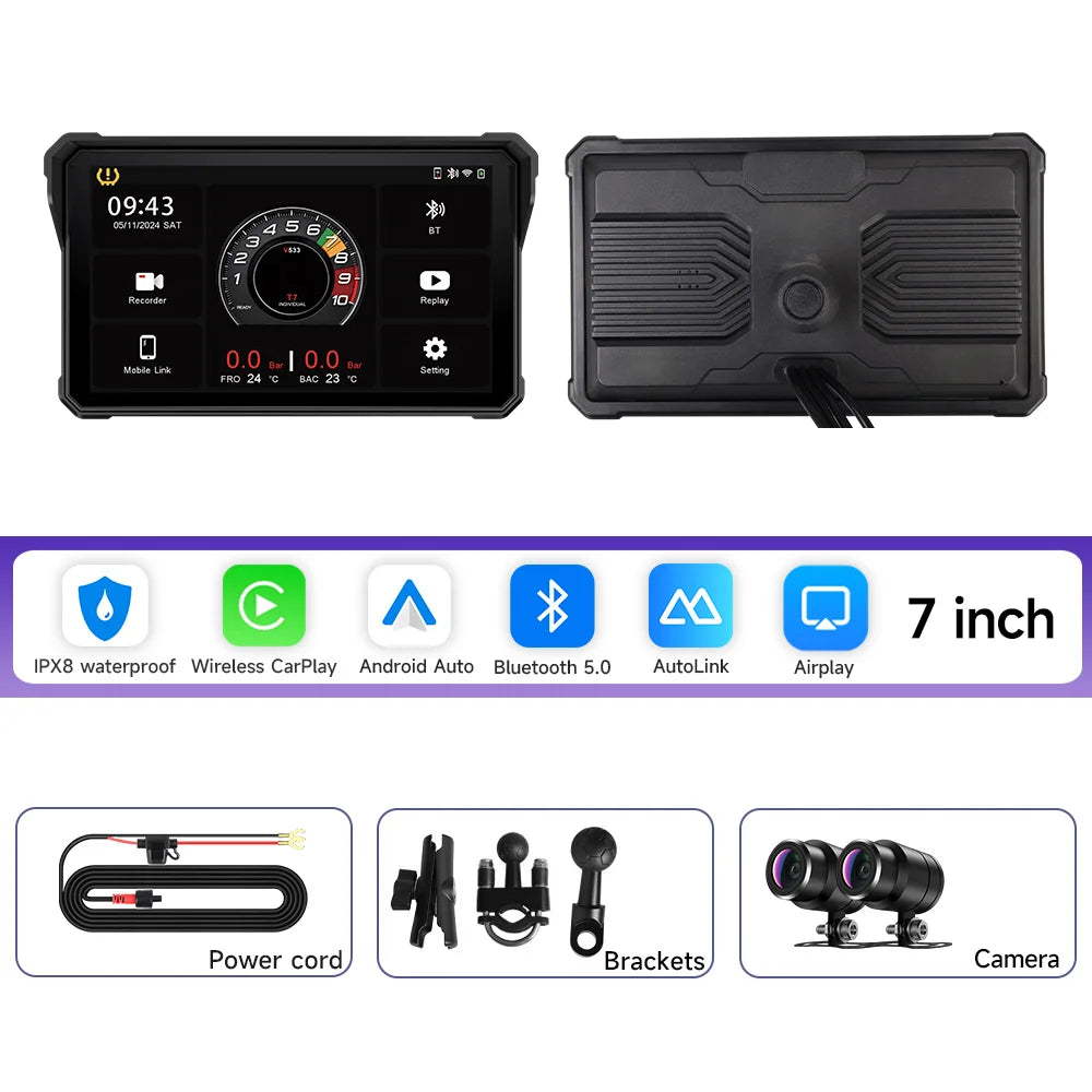 7 Inch Motorcycle Multimedia Player IP67 Waterproof GPS Navigation Recorder Wireless CarPlay Android Auto Touch Screen Bluetooth
