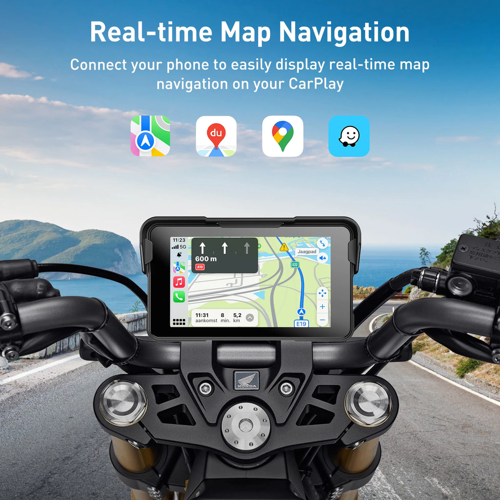 ESSGOO 5 inch Wireless Carplay Motorcycle DVR Navigation GPS Android Auto IPX Display Screen Portable Moto Monitor