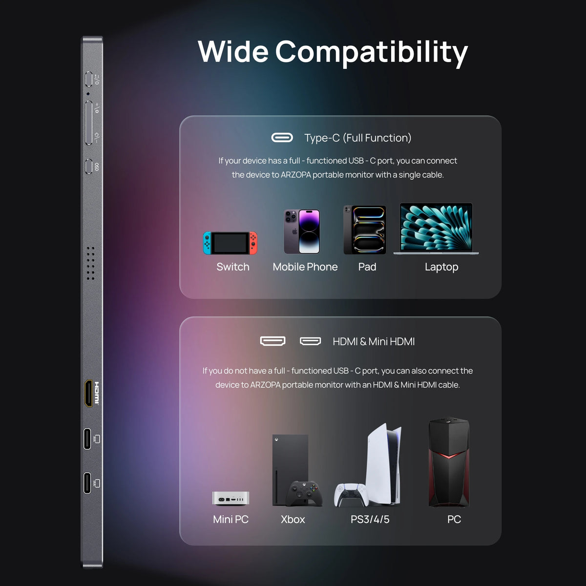 [NEW]ARZOPA 16.1inch 180Hz 2.5K 107% SRGB Portable Monitor Space Grey with Storage Bag Z3FC For PS4/5 Steam Deck Switch PC Mac