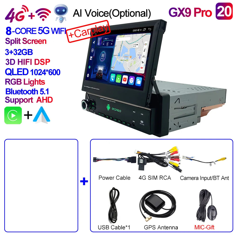 CAIXI Android 13 Auto 1Din Multimedia Player 7'' Universa Retractable Screen Car Radio MP5 GPS Navigation Carplay 1 DIN Stereo