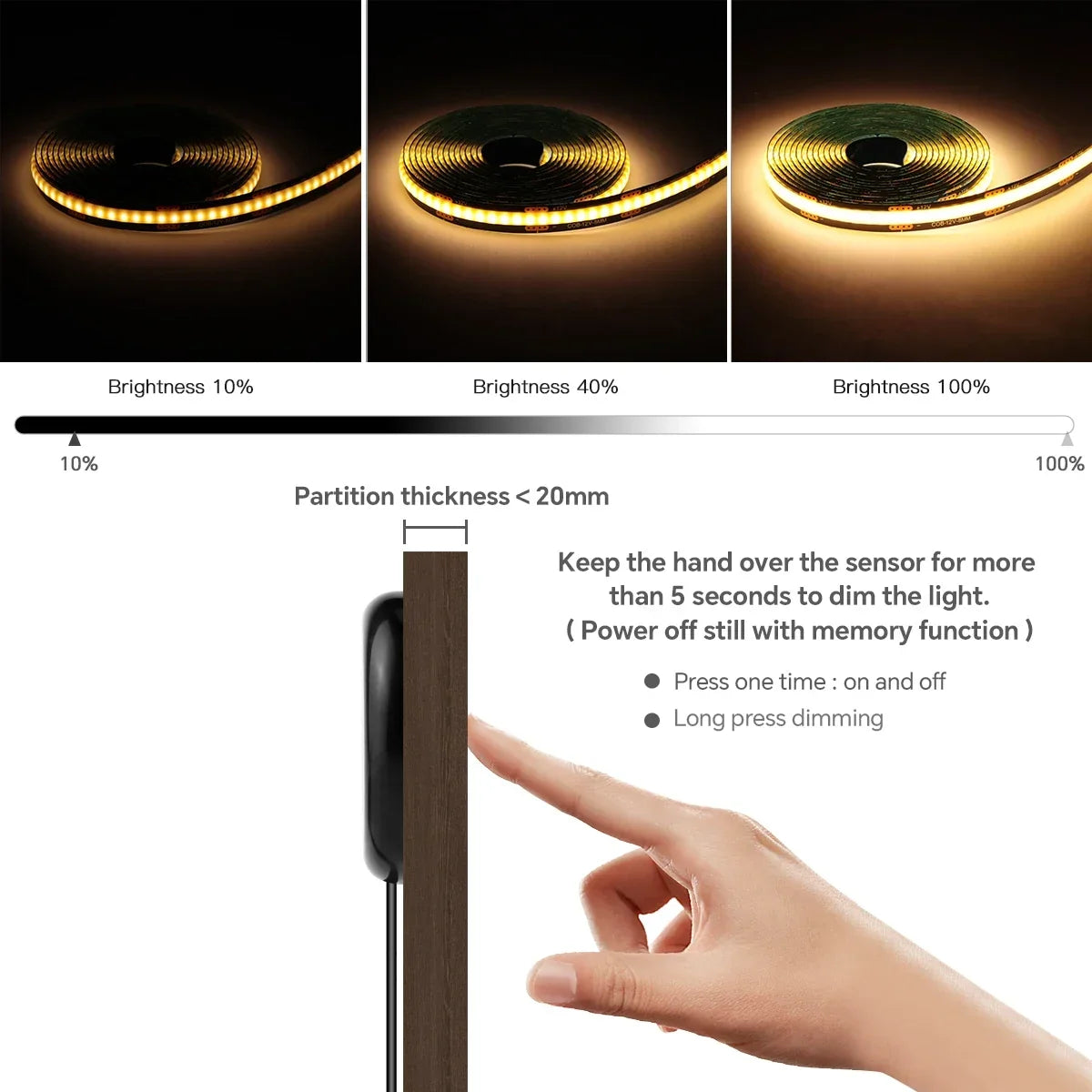 1/2/3/4/5/6-in-1 Black PCB Cob Acoustic Wall Panel Decor LED Strip Lighting Kit Hand Sweep Stepless Touch Dimmer Switch LED Tape