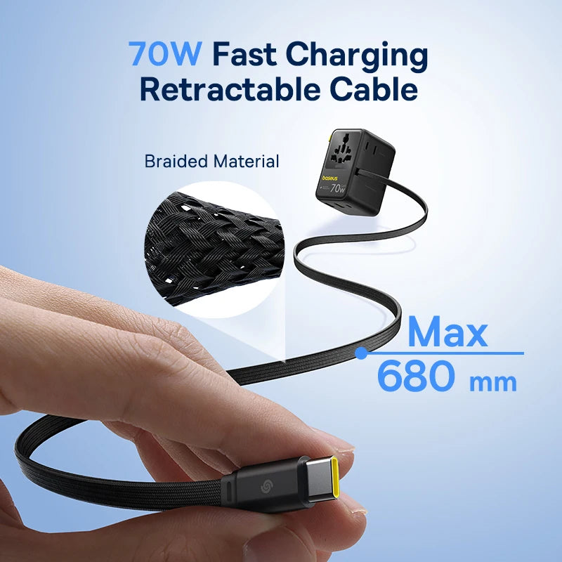 Baseus GaN Charger Universal Travel Adapter Built in 70W Retractable Cable 2AC 2 USB-A Type-C Fast Charging EU/UK/USA/AUS