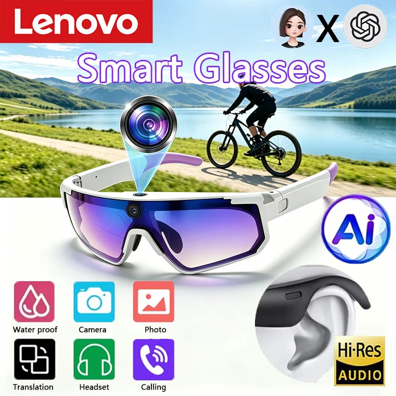Lenovo AI Smart Glasses 1600W 8K HD Anti-shake Camera Cycling Photo&Video Sport Sunglasses Dual Mic 32GB Windproof Goggles 2026