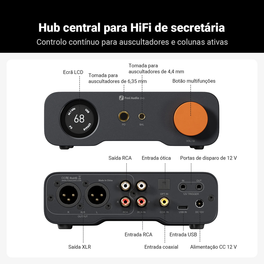 Fosi Audio ZH3 HIFI Headphone Amplifier AKM4493SEQ Desktop DAC Fully Balanced Preamp with Remote 12V Trigger Input